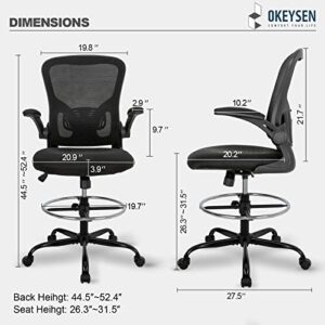 Drafting Chair Tall Office Chair, Standing Desk Chair 3.9'' Cushion, Ergonomic Mesh Computer Chair with Adjustable Foot Ring & Flip-Up Arm, Executive Rolling Swivel Stool for Office & Home. (Black)