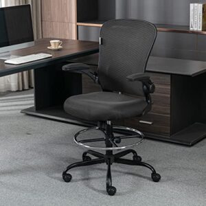 Drafting Chair Tall Office Chair, Standing Desk Chair 3.9'' Cushion, Ergonomic Mesh Computer Chair with Adjustable Foot Ring & Flip-Up Arm, Executive Rolling Swivel Stool for Office & Home. (Black)