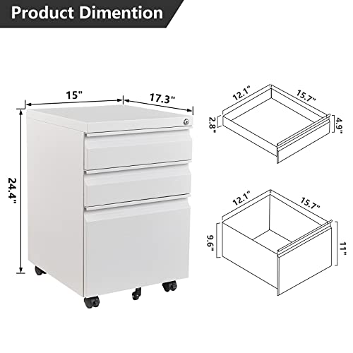 LISSIMO 3 Drawer Mobile File Cabinet with Lock,Under Desk Storage Cabinet for Home Office, Vertical Filing Cabinet Fits A4 or Letter Size (Unassembled, White)