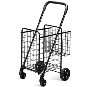 goplus folding shopping utility cart, double basket and 360° swivel wheels, adjustable handle, small cart perfect for grocery laundry book luggage travel