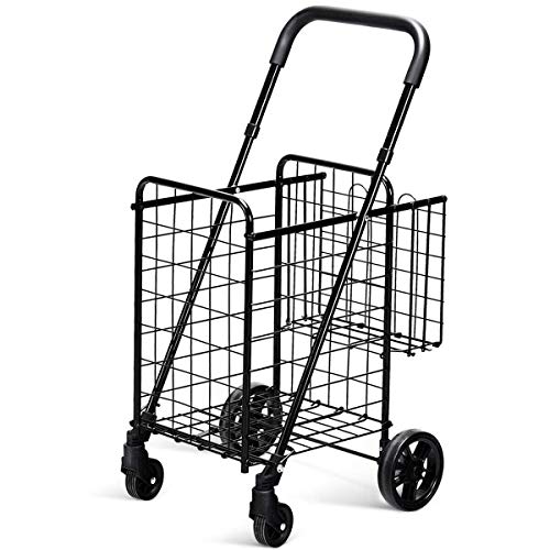 Goplus Folding Shopping Utility Cart, Double Basket and 360° Swivel Wheels, Adjustable Handle, Small Cart Perfect for Grocery Laundry Book Luggage Travel