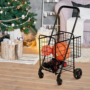 Goplus Folding Shopping Utility Cart, Double Basket and 360° Swivel Wheels, Adjustable Handle, Small Cart Perfect for Grocery Laundry Book Luggage Travel