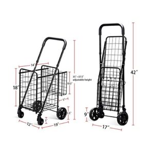 Goplus Folding Shopping Utility Cart, Double Basket and 360° Swivel Wheels, Adjustable Handle, Small Cart Perfect for Grocery Laundry Book Luggage Travel