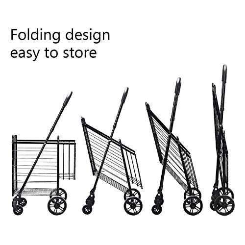 Goplus Folding Shopping Utility Cart, Double Basket and 360° Swivel Wheels, Adjustable Handle, Small Cart Perfect for Grocery Laundry Book Luggage Travel