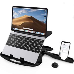 carnation adjustable laptop stand for desk with phone stand and cable clip – 7 height options – swivel base – portable, collapsible – compatible with mac, ipad, tablets and laptops up to 17” (black)