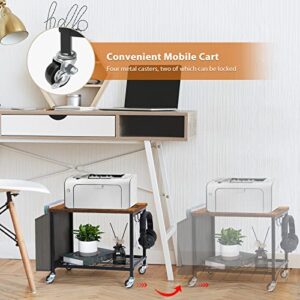 CADUKE 2 Tier Printer Cart Mobile Printer Table on Wheels, Printer Shelf with Storage Bag Under Desk Rolling Cart for Printer Organizer Stand with Hooks for Home Office, Farmhouse Brown and Black