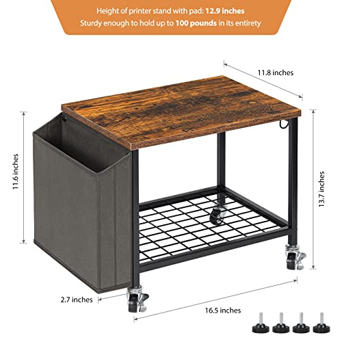 CADUKE 2 Tier Printer Cart Mobile Printer Table on Wheels, Printer Shelf with Storage Bag Under Desk Rolling Cart for Printer Organizer Stand with Hooks for Home Office, Farmhouse Brown and Black