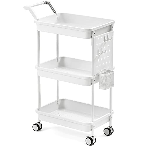 KINGRACK 3-Tier Rolling Cart, Utility Storage Cart with DIY Pegboards, Art Craft Trolley, Organizer Serving Cart, Storage Trolley cart for Home, Kitchen, Bedroom, Office, White