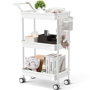 kingrack 3-tier rolling cart, utility storage cart with diy pegboards, art craft trolley, organizer serving cart, storage trolley cart for home, kitchen, bedroom, office, white