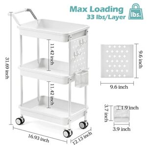 KINGRACK 3-Tier Rolling Cart, Utility Storage Cart with DIY Pegboards, Art Craft Trolley, Organizer Serving Cart, Storage Trolley cart for Home, Kitchen, Bedroom, Office, White
