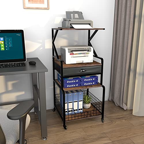 Zuyachuza 4 Tier Mobile Printer Stand with Drawer, 4-Shelf Printer Table with Wheels and Storage, Printer Cart with Storage Shelves for Home Office