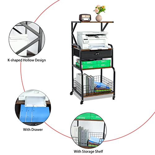 Zuyachuza 4 Tier Mobile Printer Stand with Drawer, 4-Shelf Printer Table with Wheels and Storage, Printer Cart with Storage Shelves for Home Office