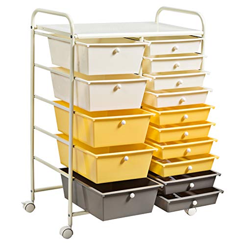 KOTEK 15-Drawer Rolling Storage Cart, Multipurpose Mobile Utility Cart with 4 Wheels, Home Office School Tools Scrapbook Paper Organizer (Yellow)