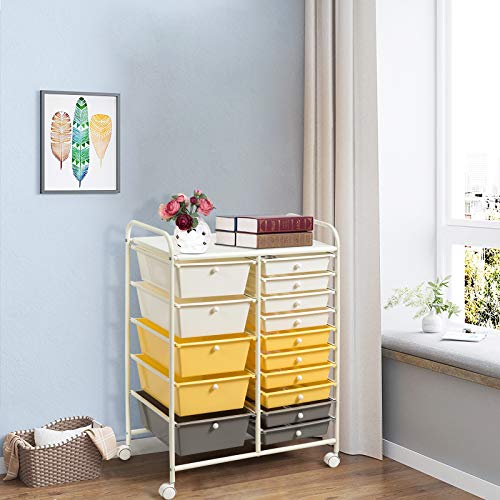 KOTEK 15-Drawer Rolling Storage Cart, Multipurpose Mobile Utility Cart with 4 Wheels, Home Office School Tools Scrapbook Paper Organizer (Yellow)