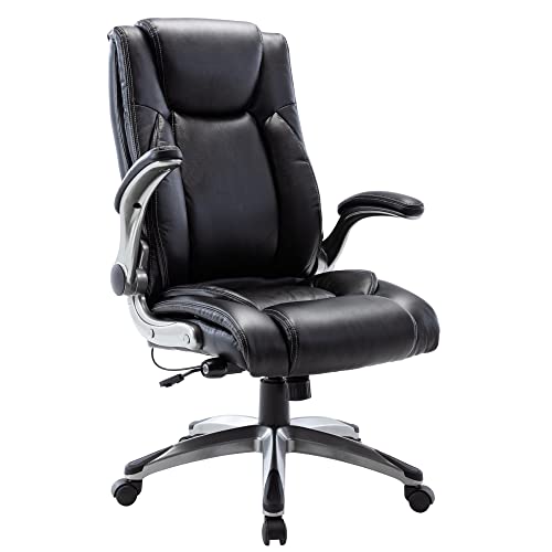 COLAMY High Back Office Chair with Flip-up Arms, Executive Computer Desk Chair Bonded Leather Adjustable Built-in Lumbar Support for School Home and Office