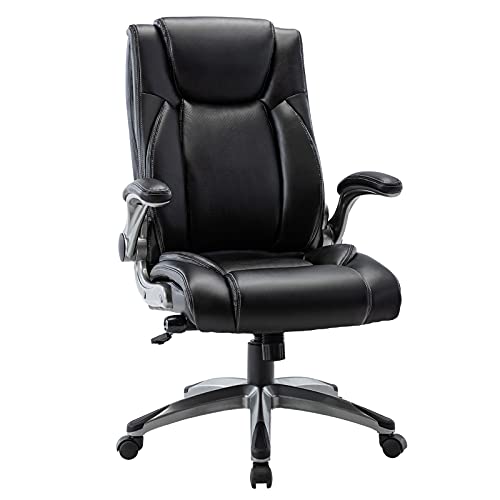 COLAMY High Back Office Chair with Flip-up Arms, Executive Computer Desk Chair Bonded Leather Adjustable Built-in Lumbar Support for School Home and Office