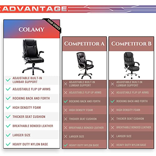 COLAMY High Back Office Chair with Flip-up Arms, Executive Computer Desk Chair Bonded Leather Adjustable Built-in Lumbar Support for School Home and Office