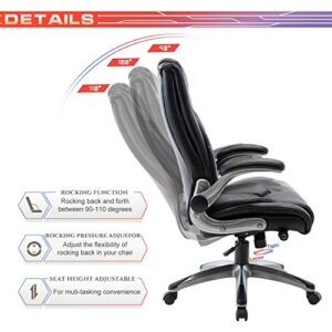 COLAMY High Back Office Chair with Flip-up Arms, Executive Computer Desk Chair Bonded Leather Adjustable Built-in Lumbar Support for School Home and Office