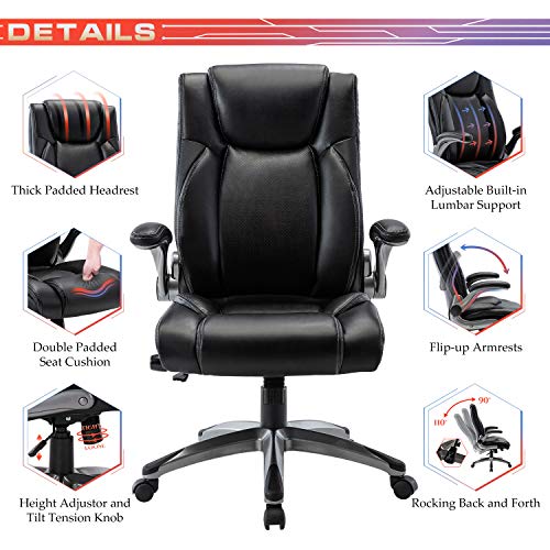 COLAMY High Back Office Chair with Flip-up Arms, Executive Computer Desk Chair Bonded Leather Adjustable Built-in Lumbar Support for School Home and Office