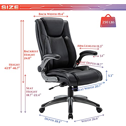 COLAMY High Back Office Chair with Flip-up Arms, Executive Computer Desk Chair Bonded Leather Adjustable Built-in Lumbar Support for School Home and Office