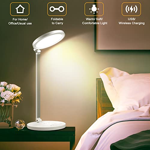 LED Desk Lamp, Desk Lamp with Wireless Charger, USB Charging Port, Eye-Caring Desk Lamp for home office, 5 Lighting Modes and 5 Brightness Levels, Bright Table Light with Touch Control, 30 Mins Timer