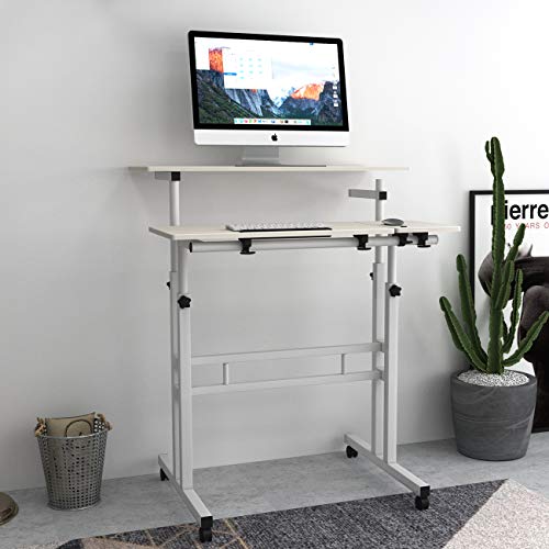 soges Rolling Standing Desk Height Adjustable, 31.5 inch Stand Up Computer Desk, Sit-Stand Tiltable Top Desk Laptop Stand for Small Spaces, Tall Table for Standing or Sitting, Maple