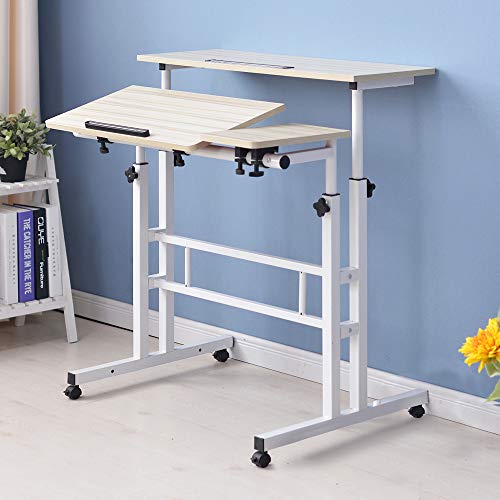 soges Rolling Standing Desk Height Adjustable, 31.5 inch Stand Up Computer Desk, Sit-Stand Tiltable Top Desk Laptop Stand for Small Spaces, Tall Table for Standing or Sitting, Maple