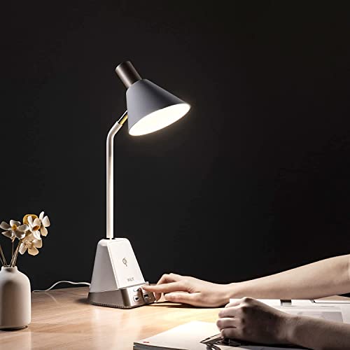 WILIT LED Desk Lamp with USB Charging Port & Type C Outlet for Devices Charging Warm Lights Desk Table Lamps with Wireless Charger for Home Office College Dorm Simple Design