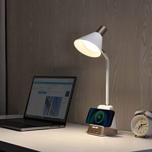 WILIT LED Desk Lamp with USB Charging Port & Type C Outlet for Devices Charging Warm Lights Desk Table Lamps with Wireless Charger for Home Office College Dorm Simple Design