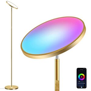 gold floor lamp,smart rgbcw led standing lamp works with alexa google home,25w super bright dimmable modern led torchiere,color changing floor lamp for living room bedroom office,app & touch control