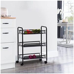 3-tier mesh wire rolling cart with baskets, christmas gifts multifunction utility cart wheels lockable , office bedroom storage organizer , easy assembly mesh trolley cart , slide-out shelf, black