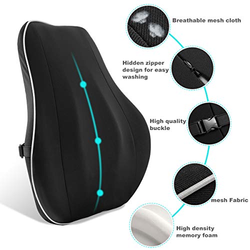 Newgam Lumbar Support Pillow/Back Cushion,Memory Foam Orthopedic Backrest with Breathable 3D Mesh for Car Seat,Office/Computer Chair,Wheelchair and Recliner,Ergonomic Design for Back Pain Relief-Black