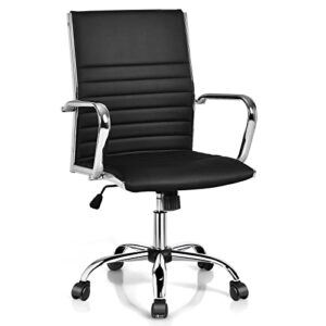 giantex ribbed office chair, ergonomic high back executive conference chair, lumbar support pu leather swivel height adjustable modern computer task managerial chair (black)