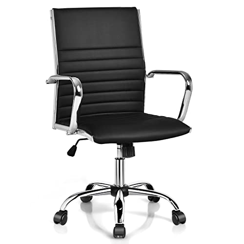 Giantex Ribbed Office Chair, Ergonomic High Back Executive Conference Chair, Lumbar Support PU Leather Swivel Height Adjustable Modern Computer Task Managerial Chair (Black)