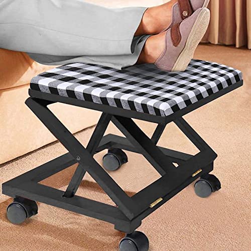 Footrest Foldaway Elevated Foot Stool Under Desk - Adjustable Height Foot Rest -Rolling Wood Ottoman (Black Plaid)