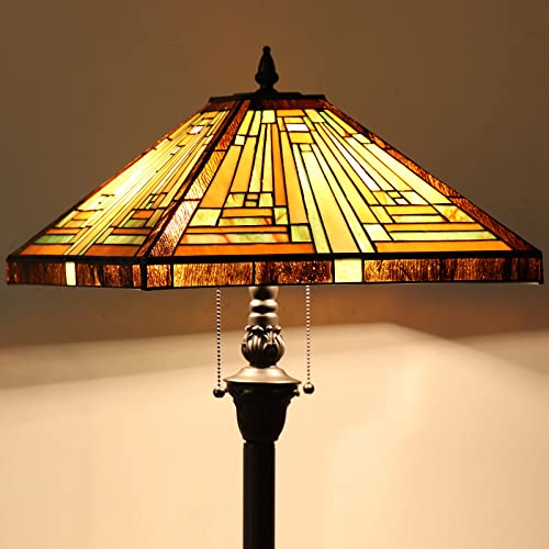 Capulina Tiffany Floor Lamp 2-Light 16 Inches Wide Amber Brown Stained Glass Mission Antique Style Standing Reading Light for Living Room Bedroom Office