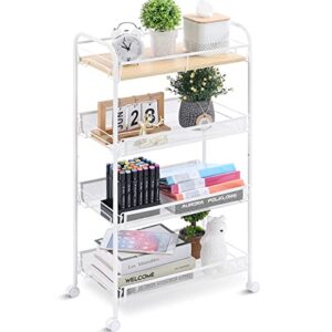 KINGRACK 4-Tier Rolling Cart,Metal Utility Cart with Wooden Tabletop,Easy Assemble Mobile Storage Trolley On Wheels,Craft Storage Cart for Bedroom Kid's Room Office Kitchen Bathroom,White
