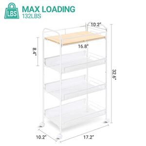 KINGRACK 4-Tier Rolling Cart,Metal Utility Cart with Wooden Tabletop,Easy Assemble Mobile Storage Trolley On Wheels,Craft Storage Cart for Bedroom Kid's Room Office Kitchen Bathroom,White