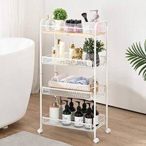 KINGRACK 4-Tier Rolling Cart,Metal Utility Cart with Wooden Tabletop,Easy Assemble Mobile Storage Trolley On Wheels,Craft Storage Cart for Bedroom Kid's Room Office Kitchen Bathroom,White