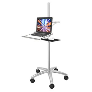 aluminum mobile laptop cart on wheels, height adjustable rolling laptop stand with mouse tray, mobile computer workstation for home, office, school and hospital