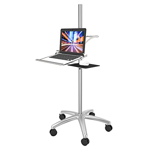 Aluminum Mobile Laptop Cart on Wheels, Height Adjustable Rolling Laptop Stand with Mouse Tray, Mobile Computer Workstation for Home, Office, School and Hospital