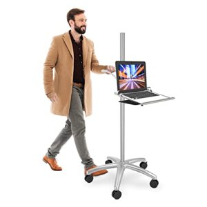 Aluminum Mobile Laptop Cart on Wheels, Height Adjustable Rolling Laptop Stand with Mouse Tray, Mobile Computer Workstation for Home, Office, School and Hospital