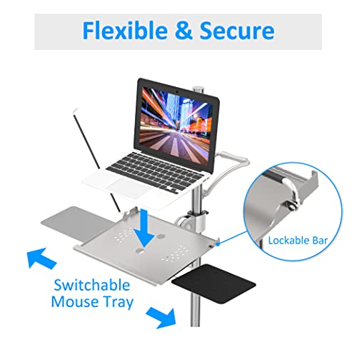 Aluminum Mobile Laptop Cart on Wheels, Height Adjustable Rolling Laptop Stand with Mouse Tray, Mobile Computer Workstation for Home, Office, School and Hospital