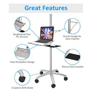 Aluminum Mobile Laptop Cart on Wheels, Height Adjustable Rolling Laptop Stand with Mouse Tray, Mobile Computer Workstation for Home, Office, School and Hospital