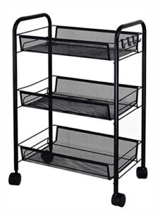 rolling storage cart 3-tier metal mesh basket shelves organizer with wheels for home,office,kitchen,bathroom,bedroom(black)
