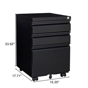 GREATMEET 3 Drawer Mobile File Cabinet with Lock,Under Desk Drawer Metal Filing Cabinet for Legal/Letter Size,Fully Assembled Black