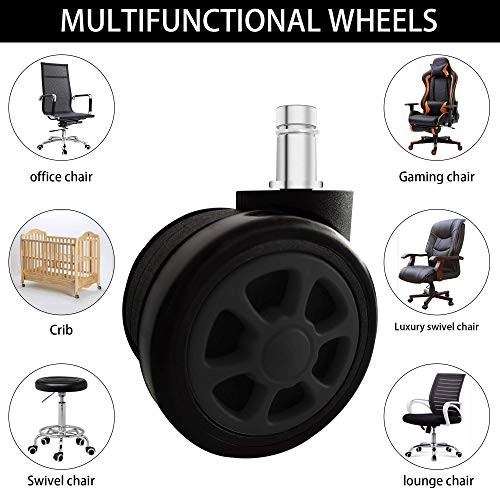 TIANSHU Office Chair Wheels,Universal Gaming Chair Casters Heavy Duty Office Chair Replacement Parts Rubber Desk Chair Caster Wheels for Wood & Hardwood Floors Set of 5, Black