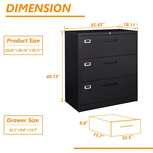 STANI Lateral File Cabinet with Lock, 3 Drawer Metal Filing Cabinet, Lateral Filing Cabinet with Lock for Home Office, Locking Metal Steel Wide File Cabinet for Legal/Letter A4 Size