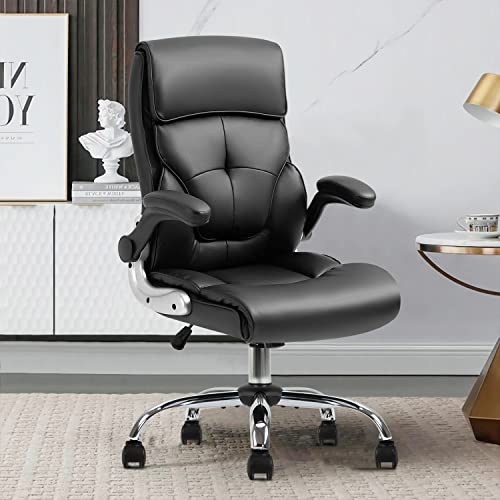 YAMASORO Leather Office Chairs High Back Executive Chair with Flip-Arms Home Office Desk Chairs with Wheels for Men Women