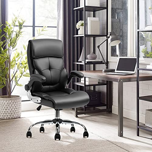 YAMASORO Leather Office Chairs High Back Executive Chair with Flip-Arms Home Office Desk Chairs with Wheels for Men Women